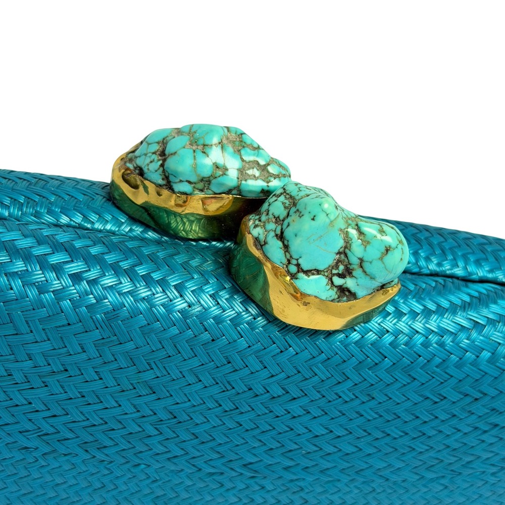 Woven Straw Clutch Bag Turquoise Stone Clasp Tixxi & Co Handmade Boho EUC - Picture 6 of 10